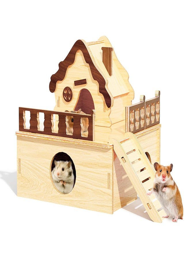 DINTSTYLE Wooden Hamster Platform and Dwarf Hamster House,Cute Syrian Hamster Tiny House Hideout,Large Balcony Lookout Holes,for Dwarf Gerbils and Mouse Mice Rat Other Small Animals(A) - Image 1